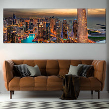 Load image into Gallery viewer, dubai  skyline  wall  art  orange  marina  city  canvas  artwork  cloudy  yellow  sunset  cityscape  canvas  print  for Living room
