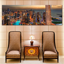 Load image into Gallery viewer, dubai  skyline  wall  art  orange  marina  city  canvas  artwork  cloudy  yellow  sunset  cityscape  canvas  print In Living Room
