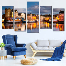 Load image into Gallery viewer, edinburgh harbors 5 piece canvas print scotland houses multi canvas wall art In Living Room
