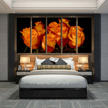 Load image into Gallery viewer, elegant rose ensemble canvas wall art black background with close up orange rose bunch in 5 piece canvas print for Bedroom
