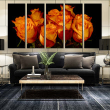 Load image into Gallery viewer, elegant rose ensemble wall art black background with close up orange rose bunch in 5 piece canvas for Living room
