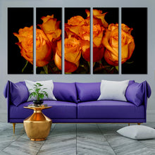 Load image into Gallery viewer, elegant rose ensemble wall art black background with close up orange rose bunch in 5 piece canvas In Living Room
