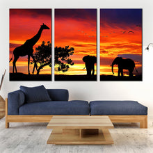 Load image into Gallery viewer, elephant giraffe wall art african silhouette landscape forest wildlife 3 piece canvas orange sunset canvas print for Living Room
