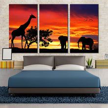 Load image into Gallery viewer, elephant giraffe wall art african silhouette landscape forest wildlife 3 piece canvas orange sunset canvas print for Bedroom
