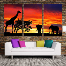 Load image into Gallery viewer, elephant giraffe wall art african silhouette landscape forest wildlife 3 piece canvas orange sunset canvas print In Living room
