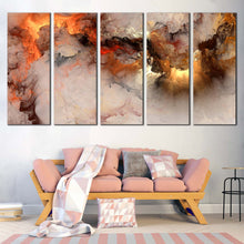 Load image into Gallery viewer, embossed fractal wall art smoke texture abstract 5 piece multiple canvas orange white modern abstract multi panel canvas In Living room
