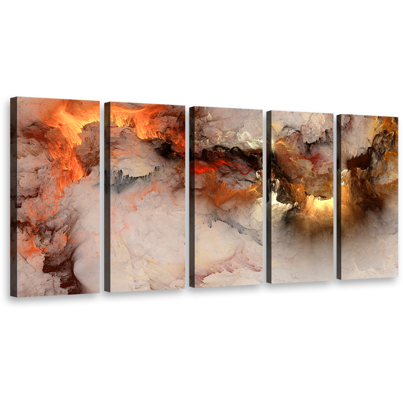 embossed fractal wall art smoke texture abstract 5 piece multiple canvas orange white modern abstract multi panel canvas 