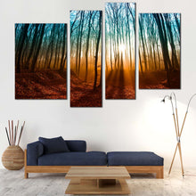 Load image into Gallery viewer, enchanted forest trails canvas print orange sunrise trees nature scenery 4 piece canvas wall art for Living Room
