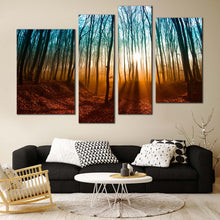 Load image into Gallery viewer, enchanted forest trails canvas print orange sunrise trees nature scenery 4 piece canvas wall art In Living Room
