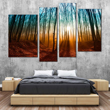 Load image into Gallery viewer, enchanted forest trails canvas print orange sunrise trees nature scenery 4 piece canvas wall art for your Bedroom
