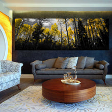 Load image into Gallery viewer, enchanting  autumn  woods  canvas  wall  art  black  and  yellow  contemporary  fall  landscape  panoramic  canvas  print In Living Room
