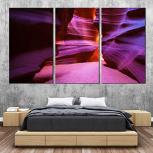 Load image into Gallery viewer, enigmatic arizona desert canvas print orange purple cave light triptych split canvas wall art for Bedroom
