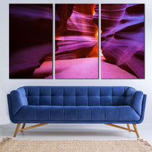 Load image into Gallery viewer, enigmatic arizona desert canvas print orange purple cave light triptych split canvas wall art for Living Room
