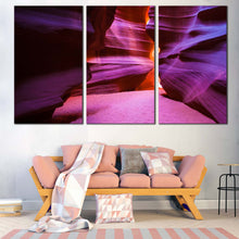 Load image into Gallery viewer, enigmatic arizona desert canvas print orange purple cave light triptych split canvas wall art In Living Room
