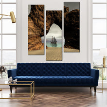 Load image into Gallery viewer, enigmatic  horizon  canvas  print  foggy  sky  and  grey  sea  cave  multi  canvas  sailing  pirate  boat  ship  triptych  wall  art For Living Room
