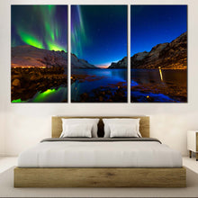 Load image into Gallery viewer, ersfjord toms canvas print  blue green aurora 3 piece polar lights in norway wall art for  Bedroom
