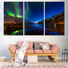 Load image into Gallery viewer, ersfjord toms canvas print  blue green aurora 3 piece polar lights in norway wall art In Living room
