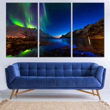 Load image into Gallery viewer, ersfjord toms canvas print  blue green aurora 3 piece polar lights in norway wall art for your Living Room
