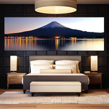 Load image into Gallery viewer, ethereal  mount  fuji  canvas  wall  art  japanese  blue  mountains  lake  panorama  with  nighttime  orange  reflection  for  bedroom
