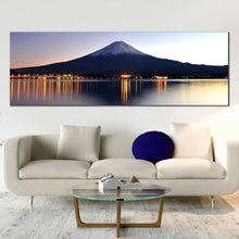 Load image into Gallery viewer, ethereal  mount  fuji  canvas  wall  art  japanese  blue  mountains  lake  panorama  with  nighttime  orange  reflection  for Living Room
