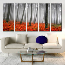 Load image into Gallery viewer, ethereal rainforest wall art red grass and gray rain dancing under the charcoal sunlight 5 piece canvas In Living room
