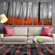 Load image into Gallery viewer, ethereal rainforest wall art red grass and gray rain dancing under the charcoal sunlight 5 piece canvas For Living room
