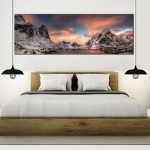 Load image into Gallery viewer, fjord  lofoten  norway  orange  sunset  canvas  print  snowy  grey  city  mountains  1  piece  canvas  wall  art  for  bedroom
