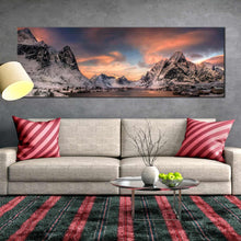 Load image into Gallery viewer, fjord  lofoten  norway  orange  sunset  canvas  print  snowy  grey  city  mountains  1  piece  canvas  wall  art In Living Room
