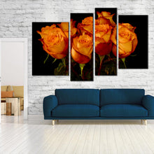 Load image into Gallery viewer, floral symmetry canvas wall art black background with close up orange rose bunch in 4 piece canvas print for your Living Room
