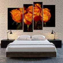 Load image into Gallery viewer, floral symmetry canvas wall art black background with close up orange rose bunch in 4 piece canvas print for your Bedroom
