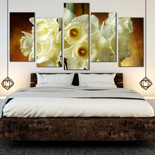 Load image into Gallery viewer, floral symphony canvas wall art tall bouquet of white flowers against gold brown background in 5 piece canvas print for Bedroom
