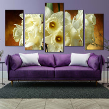 Load image into Gallery viewer, floral symphony wall art tall bouquet of white flowers against gold brown background in 5 piece canvas for your Living Room
