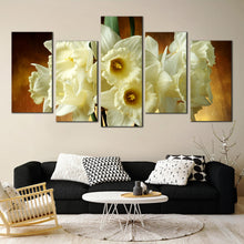 Load image into Gallery viewer, floral symphony wall art tall bouquet of white flowers against gold brown background in 5 piece canvas print In Living Room
