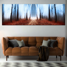 Load image into Gallery viewer, foggy fairytale wide canvas print white fog magical forest panoramic canvas wall art In Living Room
