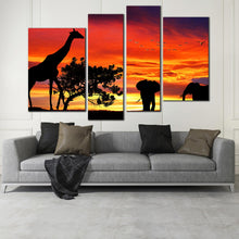 Load image into Gallery viewer, forest wildlife canvas print african silhouette 4 piece canvas giraffe orange sunset landscape wall art In Living Room
