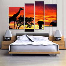 Load image into Gallery viewer, forest wildlife canvas print african silhouette 4 piece canvas giraffe orange sunset landscape wall art In Bedroom
