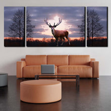 Load image into Gallery viewer, forest  wildlife  orange  sunset  animal  land  canvas  wall  art  grey  sky  fallow  deer  3  piece  canvas  print  for Living Room
