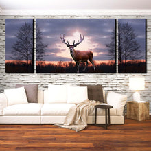 Load image into Gallery viewer, forest  wildlife  orange  sunset  animal  land  canvas  wall  art  grey  sky  fallow  deer  3  piece  canvas  print In Living Room
