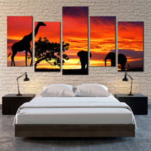 Load image into Gallery viewer, forest wildlife orange sunset landscape 5 piece wall art yellow african silhouette elephant giraffe canvas print for Bedroom
