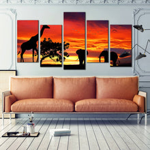 Load image into Gallery viewer, forest wildlife sunset landscape 5 piece wall art yellow african silhouette elephant giraffe canvas print for your Living Room
