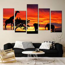 Load image into Gallery viewer, forest wildlife sunset landscape 5 piece wall art yellow african silhouette giraffe canvas print In Living Room
