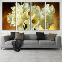 Load image into Gallery viewer, glass vase splendor canvas print white flowers against gold background in 4 piece canvas wall art In Living room
