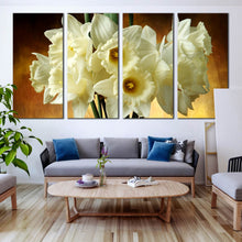 Load image into Gallery viewer, glass vase splendor canvas print white flowers against gold background in 4 piece canvas wall art for Your Living room
