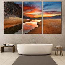 Load image into Gallery viewer, gobi desert sunrise canvas wall art orange sky landscape triptych canvas print for bathroom
