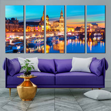 Load image into Gallery viewer, gold dawn elbe river 5 piece canvas print saxony skyline wall decor canvas wall art for Living Room
