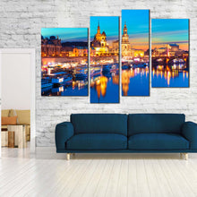 Load image into Gallery viewer, gold dawn saxony skyline canvas wall art dresden harbor embankment 4 piece canvas print for your Living Room
