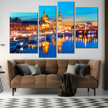 Load image into Gallery viewer, gold dawn saxony skyline canvas wall art dresden harbor embankment 4 piece canvas print In Living Room
