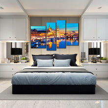 Load image into Gallery viewer, gold dawn saxony skyline canvas wall art dresden harbor embankment 4 piece canvas print for your Bedroom
