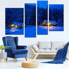 Load image into Gallery viewer, golden cabin retreat wall art snow forest canvas print in 4 panels with starry night and yellow cabin lights for Living room
