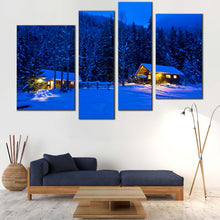 Load image into Gallery viewer, golden cabin retreat wall art snow forest canvas print in 4 panels with starry night and yellow cabin lights In Living Room
